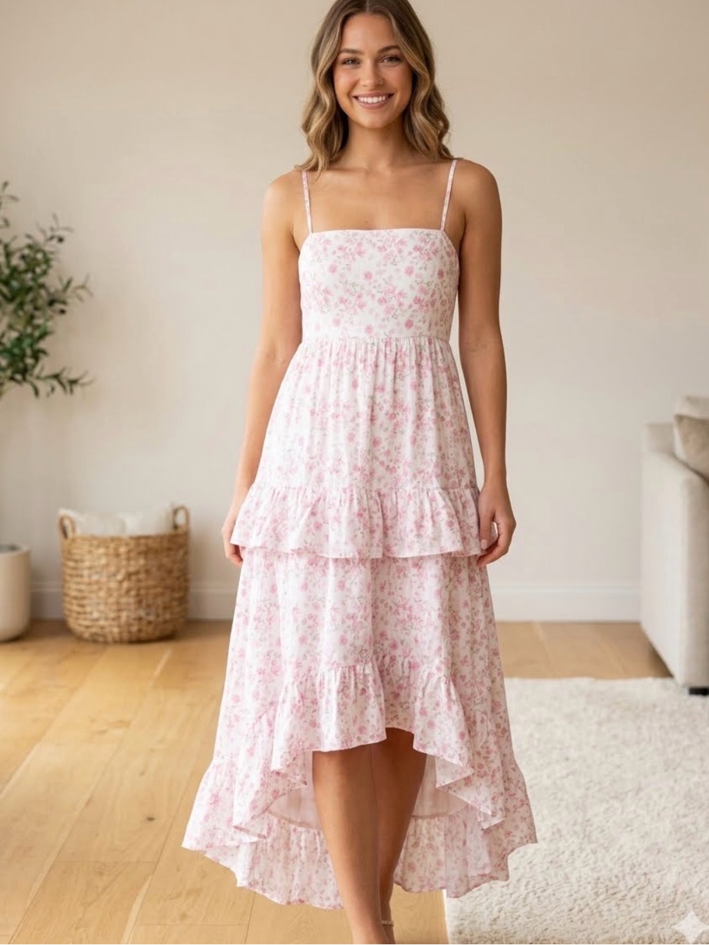 Altar'd State Pink Floral Tiered High-Low Spaghetti Strap Maxi Dress